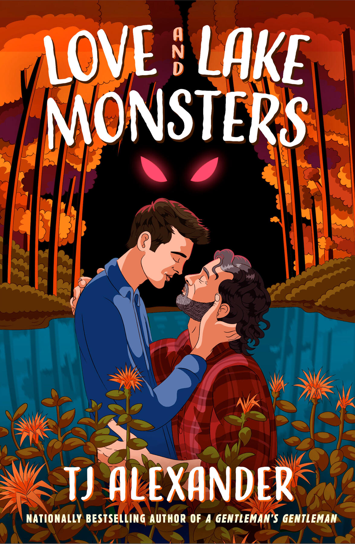 cover Love and Lake Monsters. TJ Alexander. Nationally bestselling author of A Gentleman's Gentleman. The illustrated cover shows two men in front of a lake surrounded by orange fall foliage. One man is taller and younger, wearing a blue button up. The other man