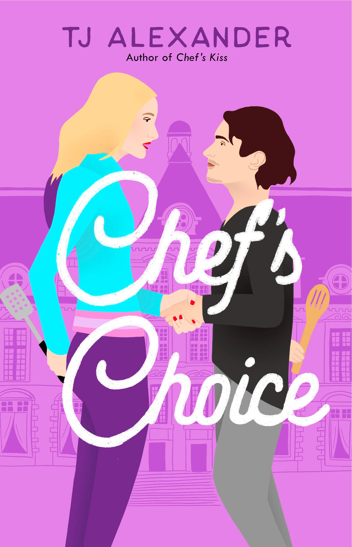 cover Chef's Choice: two white main characters are shaking hands. The woman is tall and blonde with purple tips at the end of her hair. The man is short and wearing dark clothes. They are both holding kitchen utensils in their free hands behind their backs.